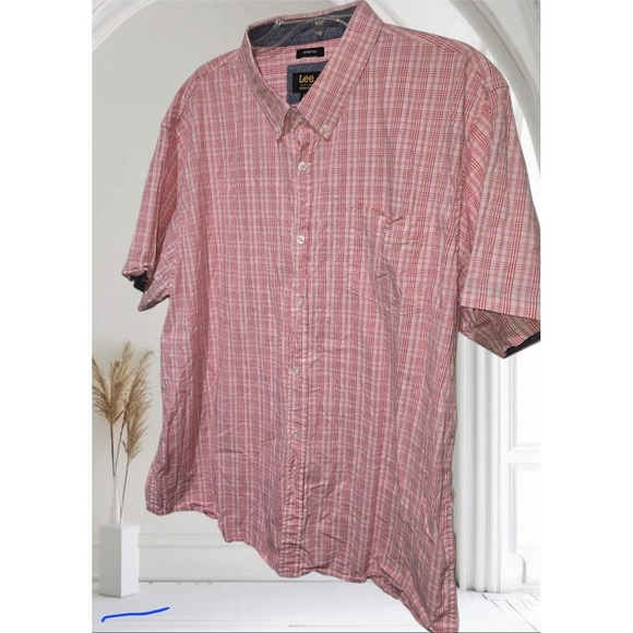 LEE Plaid Shirt Short Sleeve Button Men XXL Regular Fit XXL 2XL Red Vtg Mens - Picture 1 of 4